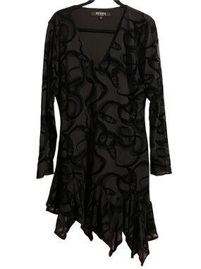 DISTURBIA Paleo Flocked Mesh Skeletal Snake Asymmetric Hanky Hem Mini Dress 14